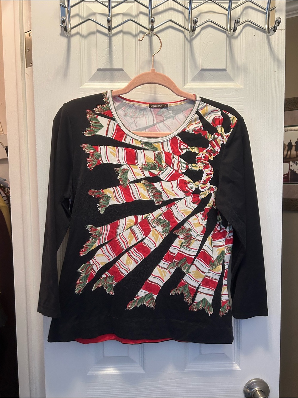 J. McLaughlin Black Long-Sleeve Top with Red, Cream & Green Spiral Fringe Print